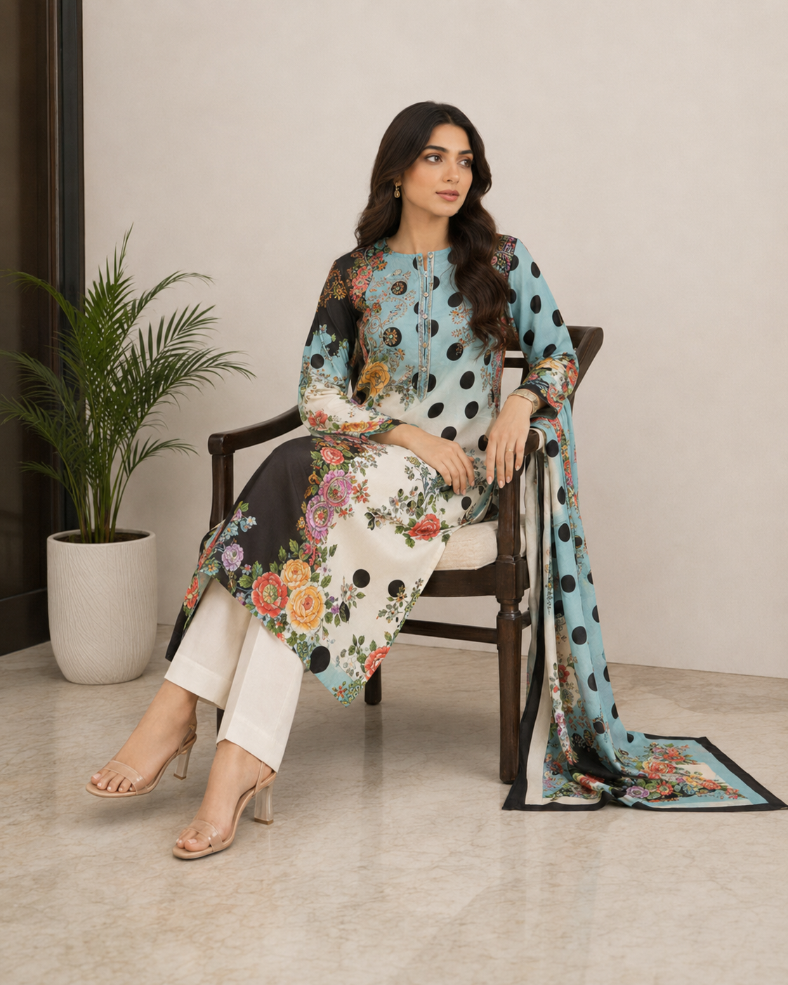 Sky Blue Floral Printed 3 Piece Suit for Women