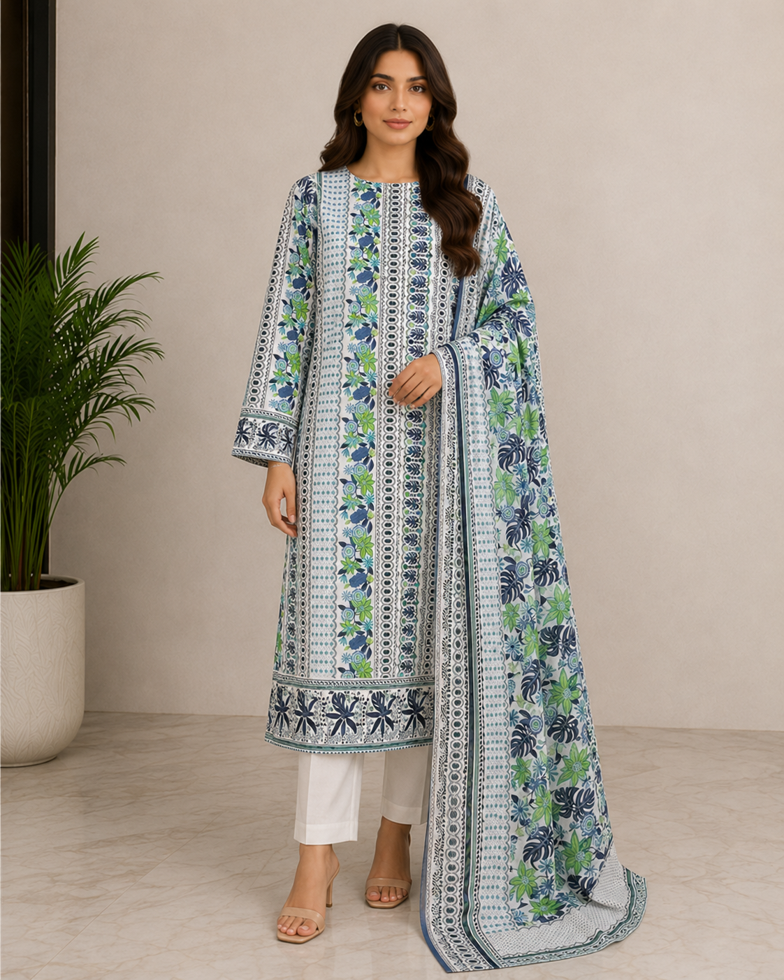 Blue Green Printed 3 Piece Suit for Women