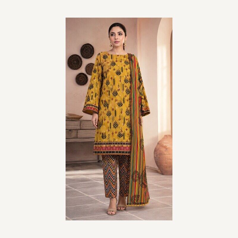 Mustard Yellow Printed 3 Piece Lawn Suit
