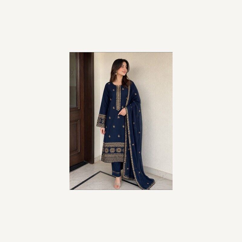 Navy Blue Embroidered 3 Piece Lawn Suit