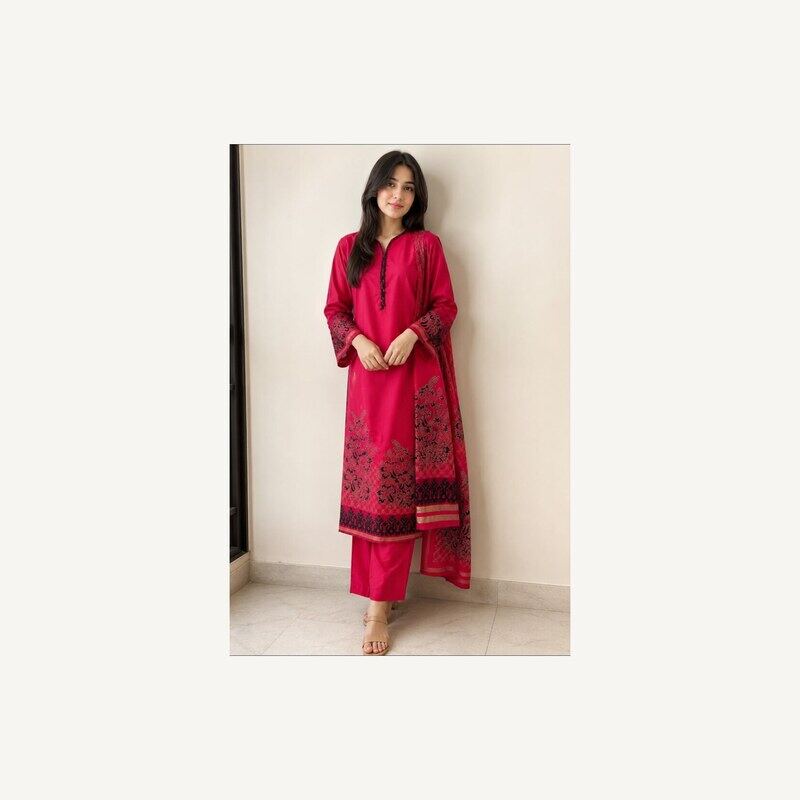 Red Printed 3 Piece Lawn Suit