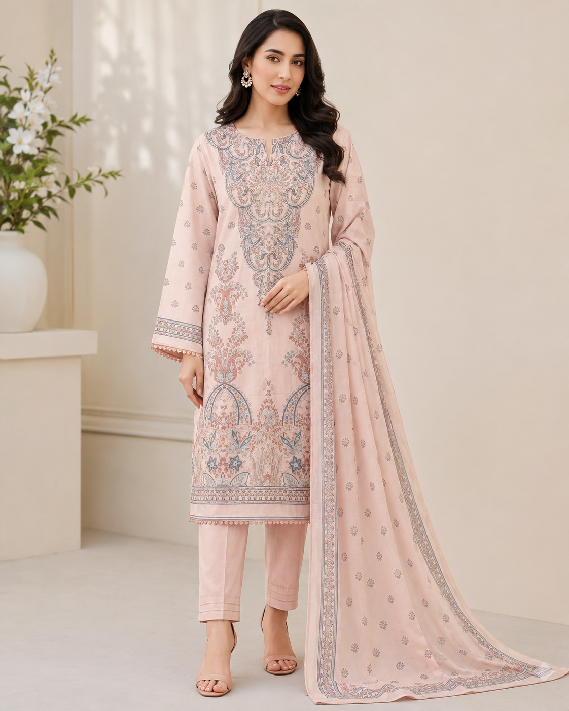 Pink Printed 3 Piece Suit for Women