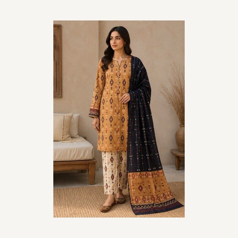 Mustard & Navy Printed 3 Piece Lawn Suit