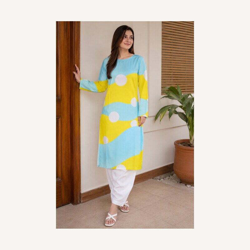 Sky Blue & Yellow Printed Single Lawn Shirt