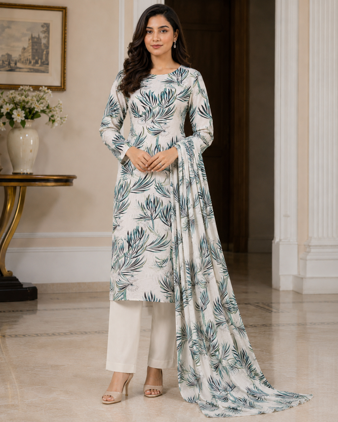 White Green Printed 3 Piece Suit for Women